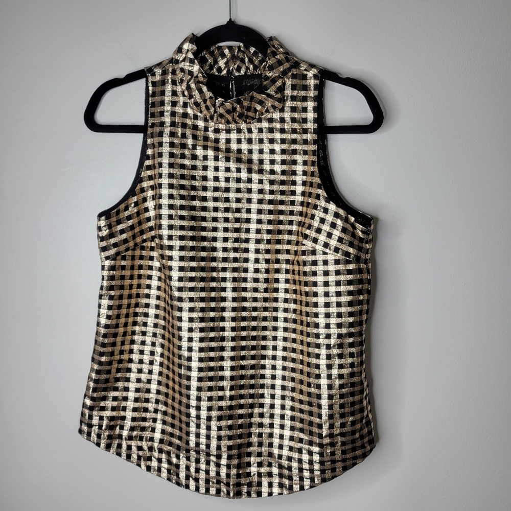 J Crew Ruffleneck Top In Lurex Crinkle Gingham